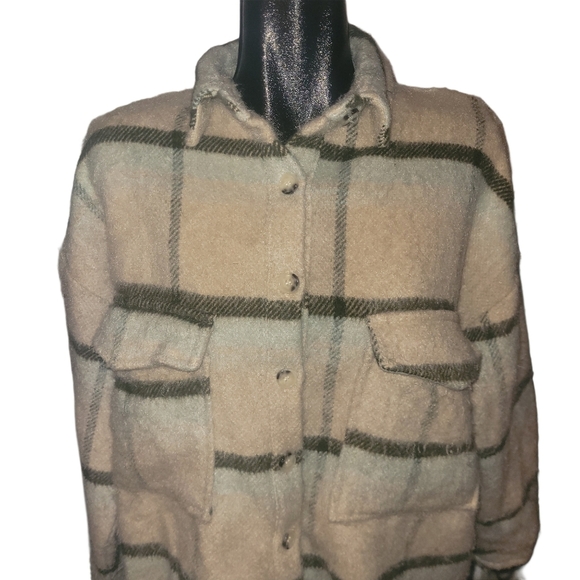 Acoa Oatmeal and Brown Plaid Wool Blend Shacket M - Picture 2 of 6
